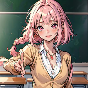 (((anime))), ((animated)), (GAL), medium hair, (braid hair:1.3), (blunt bangs:1.2),two-tone hair, blonde hair, (pink hair), round face, red eyes, (drooping eyes), (((tareme))),Pink Lip,piercing,necklace,[black skin], light smile, ((((cute)))), beautiful, 1 girl, solo, (cardigan:1.4), [cleavage cutout],peace sign,beautiful background,(classroom:1.5),evening,sunlight,backlighting,masterpiece,best quality,exquisite,8k,absurdres,super fine illustration,(looking at viewer)