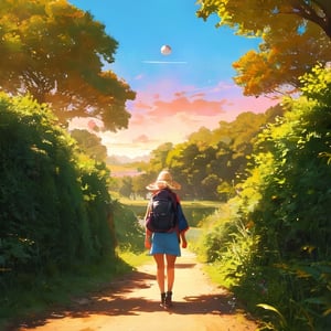 landscape on a strange alien planet, twin suns, atmospheric colours, fields, trees in the background, dense foliage, animals, picturesque, photo, synthwave,girl 