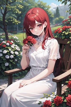 A girl smelling roses in a beautifully landscaped garden, surrounded by vibrant and lush flowers. She is wearing a flowing white dress that matches the purity and elegance of the garden. The garden is filled with different varieties of roses, in various shades of red, pink, and white, creating a mesmerizing display of color and fragrance. The roses are expertly arranged, enhancing the visual appeal of the garden. The sunlight filters through the tree branches, casting a gentle glow on the scene. The girl's eyes light up with delight as she takes in the beauty of the roses. The intricate details of the petals and delicate fragrance are captured with ultra-detailed precision. The painting style is reminiscent of a classical oil painting, bringing out the richness and depth of the flowers. The colors are vivid and vibrant, with hues of red, pink, and green dominating the scene. The lighting is soft and warm, emphasizing the romantic ambiance of the garden. The overall image quality is of the highest level, with sharp focus and realistic representation. This masterpiece captures the timeless beauty and enchantment of roses in a stunning garden. (best quality, ultra-detailed, realistic, photorealistic), roses, girl, garden, flowers, dress, vibrant colors, oil painting style, sunlight, beautiful landscape, soft and warm lighting
