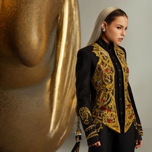 A preteen with a leash of straight white hair, dark skin, Latin ancestry, purple irises, wearing a black tatical suit with golden threads and wearing golden earrings shaped like snakes. Detailed eyes, detailed face, intricate grunge outfits, cinematic lighting, realistic concept art of strong backlighting.