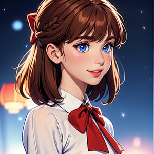 (extremely delicate and beautiful: 1.2), 1girl, bangs, blue eyes, blur, blur background, bow, brown hair, shut up, side view, hair between eyes, hair bow, lantern, light particles, long sleeves, look looking at audience, medium hair, night, red bow, solo, stars(symbol), upper body, smile, red lips