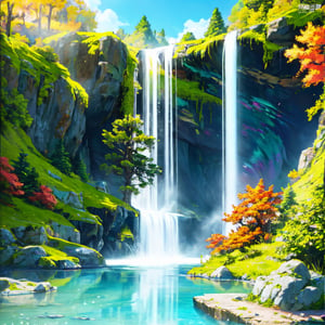 Chaotic rushing waterfalls in tranquil beautiful landscapes, ray tracing, detailed reflections, intricacies, high detail, drama, masterpieces of the best quality, photorealistic realism, detail, 8k, HDR, backlight, halo, flash, chromatic aberration, sharp focus