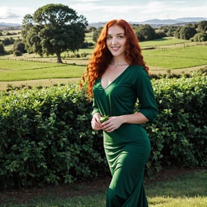 a girl with long red curly hair, green eyes, and fair skin, wearing a traditional Irish dress, standing in a lush green field, surrounded by colorful flowers, holding a four-leaf clover, with a rainbow and a pot of gold in the background, captured in a vibrant and realistic oil painting style, with high resolution details, vivid colors, and studio lighting, showcasing the joy and celebration of Patrick's Day.