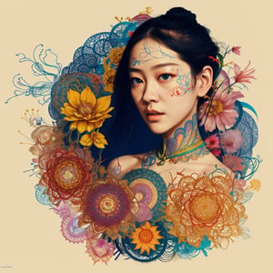 official art, unity 8k wallpaper, ultra detailed, beautiful and aesthetic, masterpiece, best quality, chinese style, (zentangle, mandala, tangle, entangle), ecstasy of flower, 1girl, extremely detailed, dynamic angle, cowboyshot, the most beautiful form of chaos, elegant, a brutalist designed, vivid colours, romanticism, by james jean, roby dwi antono, ross tran, francis bacon, michal mraz, adrian ghenie, petra cortright, gerhard richter, takato yamamoto, ashley wood, atmospheric