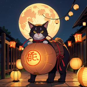 Mid-Autumn Full Moon, A round-eyed cat carrying a Mid-Autumn Festival lantern, yard.