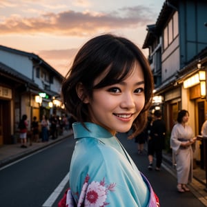 look at camera,(((top quality, 8k, masterpiece))), crisp focus, (beautiful woman with perfect figure), slender, (hairstyle: up)), ((kimono: Kara)), street: 1.2 Highly detailed face and skin texture Detailed eyes Double eyelids random posture, (smile),super cute Japan person,super beauty Japanese girl, realistic face, double eyelid,smile,summer festival , at sunset , beautiful tooth , fire-works back-ground.
