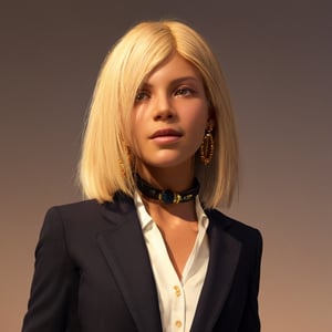 A preteen with a leash of straight white hair, dark skin, Latin ancestry, purple irises, wearing a black tatical suit with golden threads and wearing golden earrings shaped like snakes. Detailed eyes, detailed face, intricate grunge outfits, cinematic lighting, realistic concept art of strong backlighting.