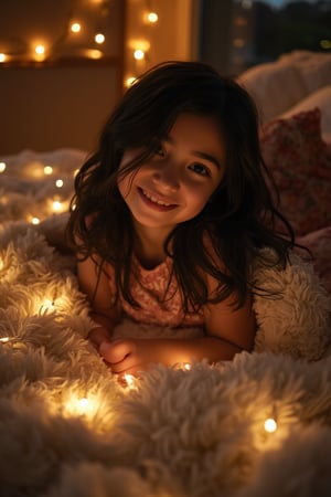 A young girl with striking black hair, dressed in a flowing dress, radiates joy and contentment. She lies cozily on a plush bed, surrounded by the warm glow of night lights, her happiness illuminated by the soft luminescence. Her dark locks cascade down her back like a waterfall of ebony silk.