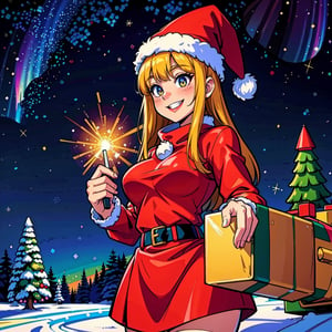 santa claus, in a military tank, smiling, with gifts, christmas trees, bright decorations, snowing, colorful, fireworks, winter forest, bright lights, immense joy, dark sky, aurora borealis, festive scene, magical presents, space illusions,girl