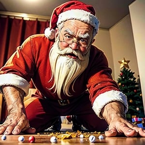 (best quality, highres, realistic:1.37), detailed Santa Claus (angry santa claus throwing on the ground and breaking presents near a christmas tree), 