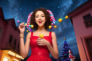 A woman with beautiful curly hair and soulful eyes, wearing a vibrant red dress, is standing in a whimsical candyland. The candyland is filled with towering lollipop trees, cotton candy clouds, and a rainbow of candy canes. The woman is holding a lollipop in her hand, enjoying the sugary delights surrounding her. The night sky above is filled with shimmering stars, creating a magical and enchanting atmosphere. The entire scene is bathed in soft moonlight, casting a dreamy glow on everything. The artwork is created using a mix of digital illustration and vibrant colors, resulting in a visually stunning and high-quality masterpiece. The emphasis is on capturing the intricate details of the woman's face, the reflective shine of the candy, and the otherworldly ambiance of the night. It is a photorealistic representation of a surreal and joyful moment, inviting the viewer into a world of sweet imagination.