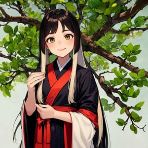 shukezouma, negative space, , shuimobysim, portrait of a woman standing, willow branches, (masterpiece, best quality:1.2), traditional chinese ink painting, modelshoot style, peaceful, (smile), looking at viewer, wearing long hanfu, hanfu, song, willow tree in background, wuchangshuo,