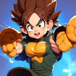 Supreme Super Saiyan, tall hair, brown hair, black and white clothing, clothing with blue lines, DBZM Dragon Ball, stunning aura, lots of action, black clothes with gray, lots of Ki energy, grass background, robotic