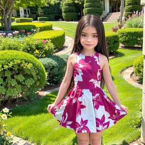 In the garden full of flowers, under the sunlight, little girls in floral dresses are dancing