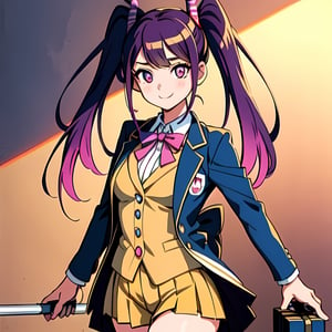 Mioda Ibuki /(Danganronpa/), bank ultra-detailed, masterpiece, illustration, 8k, masterpiece, realistic shadows, gradient, volumetric lighting, cute, ambient lighting, cowboy shot, colorful, beautiful detailed eyes 1girl, solo, (original outfit), smile, {office background}, formal suit