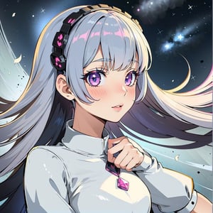 ((masterpiece,best quality)),(negative space:1.4),(1girl, solo:1.4),beautiful detailed eyes,floating pastel pink and lavender hair, lavender eyes, at night, starry sky, stars shining