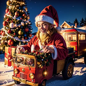 (best quality,highres,masterpiece:1.2),ultra-detailed,(realistic:1.37),(colorful vibrant:1.2) Santa Claus bringing gifts on a truck,illustration,Christmas theme,reindeers pulling the truck,excited children,winter wonderland scene,sparkling snow,cute and lively expressions,festive atmosphere,beautifully decorated tree,joyful laughter,happy anticipation,warm and cozy glow,delightful surprises,flying sleigh,playful elves,golden star atop the tree,ornaments twinkling,red and green color palette,magical lighting,smiling Santa with a long white beard.