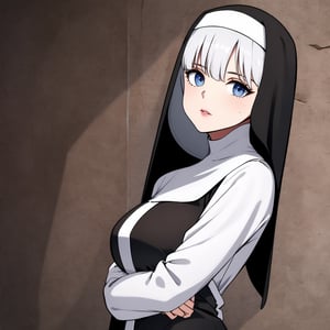 nun, cross, bible, white hair, church, realistic and detailed eyes 