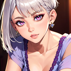 (best quality, masterpiece), 1girl, beautiful girl, brown_eyes, ((hair color [Silver hair], [pixie cut with bangs] hair)), earrings, lips, short sleeves,realistic, narrow waist, charming, colorful makeup, long eyelashes, fair skin, (cute), (detailed face), detailed eyes, detailed iris