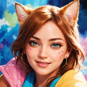 wtrcolor style, digital art of (Cat character), official art, front, smile, masterpiece, beautiful, ((watercolor)), face painting, ink splash, intricate details. Very detailed eyes, trend in Artstation, Rachel Walker