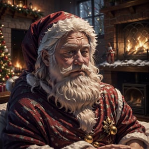 (best quality, ultra-detailed, realistic:1.37), oil painting,  Santa Claus sleeping in his bed,  cozy atmosphere,  winter wonderland,  fireplace crackling,  Christmas tree lights twinkling,  soft woolen blankets,  fluffy pillows,  intricate details of Santa's face and white beard,  intricate patterns on the bedspread,  warm and inviting colors,  gentle moonlight streaming through the window,  peaceful and serene., Santa Claus, Masterpiece,Santa Claus