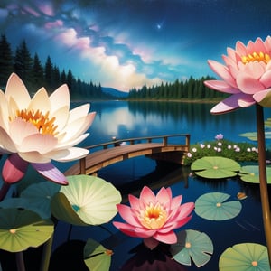 Colored line drawing night tranquil starry sky and lake water, water lily, bridge, highly realistic and detailed painting, crayons, colored pencil