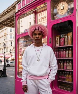 Analogue, black man looking away, pink afro , in a worn white and pink  streetwear outfit, pink cargo joggers, white face mask, fit body, dynamic body pose, jewelry, silver necklace, peaarls necklace, refined details, pink oversized sweatshirt, pink long silk details, stitching detail,, suspense lighting, complex, head and shoulders portrait, 4k concept art portrait by Greg Rutkowski, artgram, WLOP, Alphonse Mucha,city square , pink vending machine, empty, daylight time, bright sky, refined hands