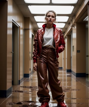 cover, a beautiful portrait of a girl ,muddy face,  red nurse outfit, very refined garments, ripped futuristic jacket , red bomber jacket, streetwear style, red wide leg pants high quality garment, insane detail, intricate complexity, weapon in hand, zombie apocalypse, muddy clothes, suspense surreal,empty hospital corridor ,dirty corridor, abandoned, darker colors, cool color palette, light in the back, different body poses, dynamic pody poses, photoreal, 8 k, octane render by greg rutkowski