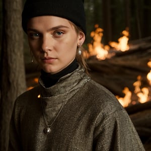 cover, photo of a white boy, in a refined black streetwear worn ripped outfit, black futuristic turtle neck, ear piercings, silver necklace, ((light bokeh)), dirt on face, smoke, black beannie, (silk details ), intricate, (detailed fabric), very detailed, refined garment, sharp focus, photo by greg rutkowski, vivid lighting, light colors, night, (masterpiece), (( burning forest  )), (detailed face:1.1), eye iris, details,  looking away pose