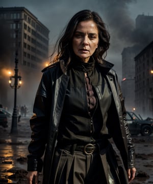 cover, Canon shot, 8k quality, a beautiful portrait of an old lady ,muddy face, black outfit, very refined garments, jewelry, ripped futuristic jacket , black jacket, black streetwear style, black pleated pants, long outfit,  high quality garment, insane detail, intricate complexity, katana sword in hand, zombie apocalypse, muddy clothes, suspense surreal,empty city square ,dirty , abandoned, destroyed, smoke in the back,  darker colors, cool color palette, light in the back, different body poses, dynamic pody poses, photoreal, 8 k, octane render by greg rutkowski, very detailed face