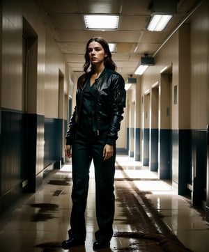 cover, a beautiful portrait of a girl , black nurse outfit, very refined garments, ripped futuristic jacket , black bomber jacket, streetwear style, black wide leg pants high quality garment, insane detail, intricate complexity, weapon in hand, zombie apocalypse, muddy clothes, suspense surreal,empty hospital corridor ,dirty corridor, abandoned, darker colors, cool color palette, light in the back, different body poses, dynamic pody poses, photoreal, 8 k, octane render by greg rutkowski