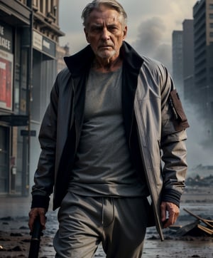 cover, Canon close shot, 8k quality, a handsome portrait of an old man ,muddy face,good physique, muscular, grey outfit, very refined garments, jewelry, ripped futuristic jacket , black jacket, grey streetwear style, grey jogger pants, long outfit,  high quality garment, insane fabric detail, intricate complexity, katana sword in hand, zombie apocalypse, muddy clothes, suspense surreal,empty city square ,dirty , abandoned, destroyed, smoke in the back,  darker colors, cool color palette, light in the back, different body poses, dynamic pody poses, photoreal, 8 k, octane render by greg rutkowski, very detailed face