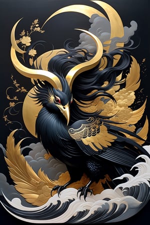 fairycore, orientalist,the cover to the book gilded phoenix, in the style of large canvas paintings, a painted black bird and an old black moon,graceful movement,in the style of ethereal creatures, dark gray and gold, Huainan bird, phoenix with long horns on the top of the head, sacred beasts of the Mountains and Seas, quirky, beautiful, terrifying, divine beasts, ancient Chinese divine beasts, uhd image, interactive image, highly detailed., Art by  Clayton Crain, Stjepan Šejić, WLOP, Artgerm, Guwaiz.