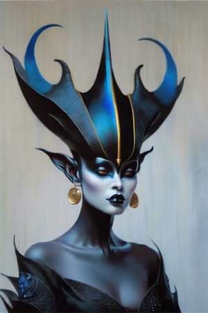 A masterpiece depicting a beautiful blue-skinned female creature, dressed in black, very elegant, with bright, luminous eyes, two small, pointed black horns on her head, short black hair, a very long, straight nose, small black lips and goblin ears with black earrings.