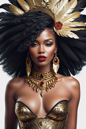A stunning and detailed portrayal of a nude black skinned woman with dark win red red lipstick and a gold , black feather, capturing the essence of beauty in UHD 4K. This gorgeous digital art, reminiscent of the mastery of Karol Bak and Alessandro Pautasso, exemplifies airbrush techniques and chromatic glossy textures, creating a truly beautiful and detailed digital artwork.