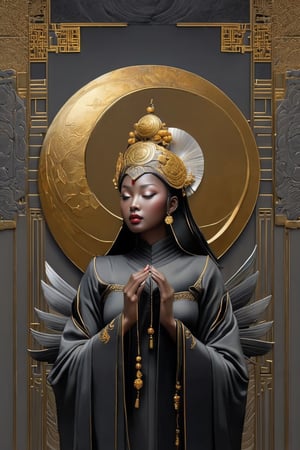 fairycore, orientalist,the cover to the book gilded women, in the style of large canvas paintings, a painted women and an old black moon,graceful movement,in the style of ethereal creatures, dark gray and gold, Huainan, women, quirky, beautiful, terrifying, divine beasts, ancient Chinese, uhd image, interactive image, highly detailed., Art by  Clayton Crain, Stjepan Šejić, WLOP, Artgerm, Guwaiz.