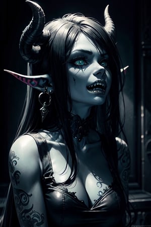 A woman in her twenties with blue skin, goblin-like ears, wearing earrings, a very long Pinocchio nose, sharp teeth, and shining fluorescent green eyes. She has punk black hair gothic style. tattoos. black horns.,fantasy00d