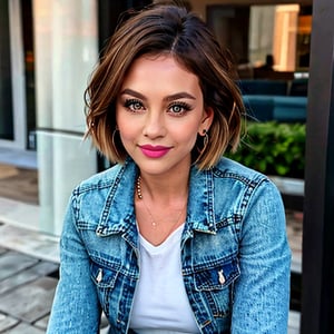 1girl, solo, looking at viewer, smile, short hair, brown hair, brown eyes, jewelry, jacket, upper body, earrings, lips, denim, blue jacket, realistic, denim jacket