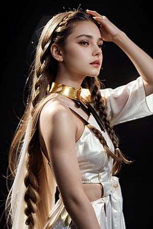 best quality, masterpiece, Long hair, gold eyes,white clothes, looking up, upper body, hair strand, Fair skin, side braids, sexy pose, full_body, from_side , head turning to viewer, (black background : 1.2)