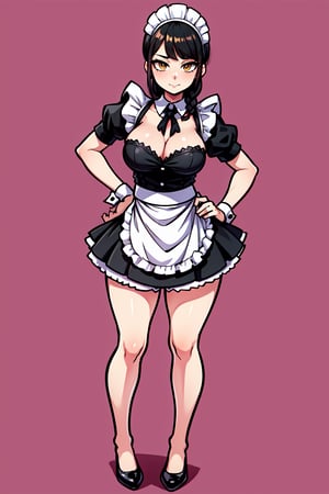 1GIRL, (thick_hips:0.8), golden_eyes, black_hair, braided_hair, maid_outfit, standing, looking_at_viewer, hands on waist, full_body, sexy, beautiful, perfect, attractive