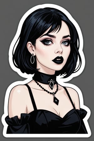 sticker_layout, bust, goth girl, straight black hair, black lipstick, hoop earing, choker, black dress,