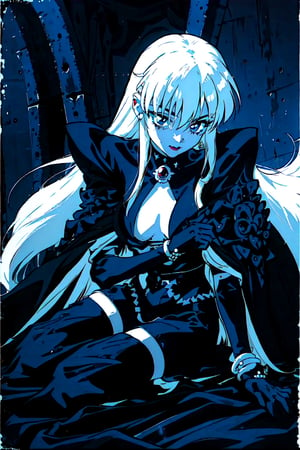 fullbody portrait, 1990s \(style\), goth girl hugging Satan, black lipstick, silver jewels, silver accessories, gloves, detailed background, retro artstyle, white hair, solo, black gloves, black leather clothes, 1990s (style), 90s filter, ultra quality,