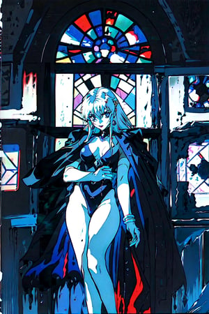 fullbody portrait of a goth girl in front of a stained glass window, sexy pose, 1990s \(style\), black lipstick, silver jewels, silver accessories, gloves, detailed background, retro artstyle, white hair, black gloves, black leather clothes, 1990s (style), 90s filter, ultra quality,