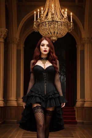 A striking woman stands confidently against a grand, gothic-inspired backdrop. Her long, wavy black hair with vibrant red highlights frames her face, drawing attention to her bold, dark makeup. Heavy eyeliner and eyeshadow accentuate her eyes, while vibrant red lips match the fiery streaks in her hair. A gothic-style corset dress showcases intricate design elements, including skull motifs, a plunging neckline, and crisscross straps. The layered hemline falls just above the knee, with black fishnet stockings adding to her edgy charm. A hint of mischief plays on her lips as she surveys her surroundings, surrounded by candles and ornate architectural details within the grand interior.