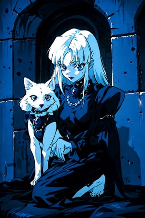 fullbody portrait of a goth girl whit a demon dog, 1990s \(style\), black lipstick, silver jewels, silver accessories, gloves, detailed background, retro artstyle, white hair, black gloves, black leather clothes, 1990s (style), 90s filter, ultra quality,