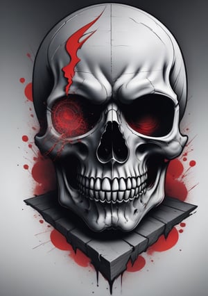 A detailed illustration a dead skull, wearing t-shirt, red swirl eyes, headbanger mood, gothic art, black & white colors, t-shirt design, cracked glass backgroud, t-shirt design, b&w, bokeh, Adobe Illustrator, hand-drawn, digital painting, high-poly, soft lighting, bird's-eye view, isometric style, retro aesthetic, focused on the character, 4K resolution, photorealistic rendering, using Cinema 4D,