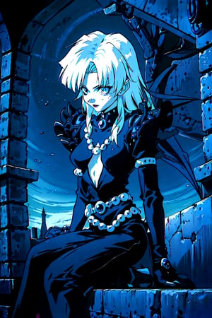 fullbody portrait of a goth girl supported by a gargoyle at the top of a tower, 1990s \(style\), black lipstick, silver jewels, silver accessories, gloves, detailed background, retro artstyle, white hair, black gloves, black leather clothes, 1990s (style), 90s filter, ultra quality,