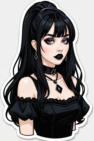 sticker_layout, bust, goth girl, long black hair, bangs hair, black lipstick, hoop earing, choker, black dress,