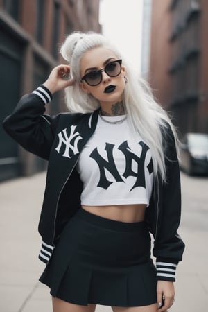 professional photoshot style, sharp focus, goth woman, long white hair, ((tattooed body)), ((tattooed face)), black lipstick, sunglasses, ((college jacket of New York Yankees)), black gathered skirt, black sneakers in Nike Air style, white crew socks, impressive photoshot, trending on fashion magazines, urban background, artgerm, ,fflixmj6, rich details, 8k, intricate details, atmospheric lighting, 35mm photograph, professional, highly detailed, high budget, moody, epic, gorgeous, proportional,
