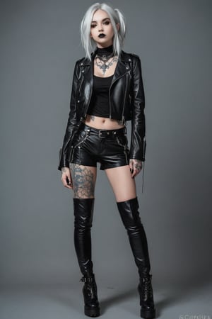 goth girl, fullbody, tattooed, leather clothes, white hair, grey theme, txznf,